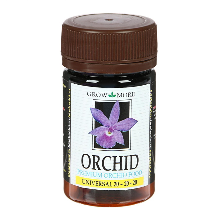 

Удобрение для орхидей GROW MORE ORCHID UNIVERSAL FORMULA 20-20-20, порошок желтого цвета, 25 г